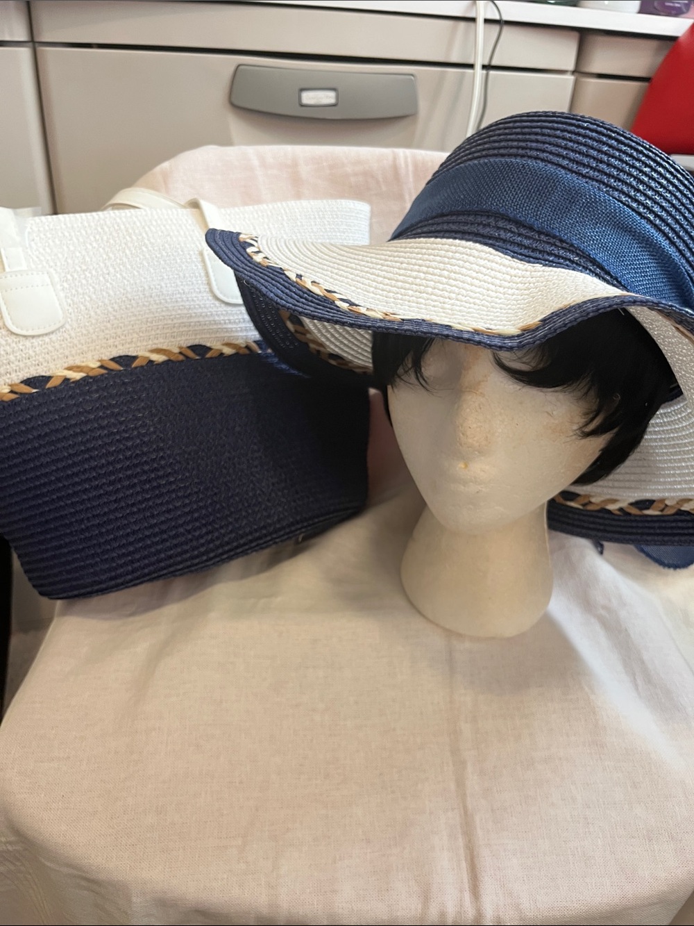 Beautiful Two-Tone Navy and White Wide-Brim Sun Hat with Matching Bag